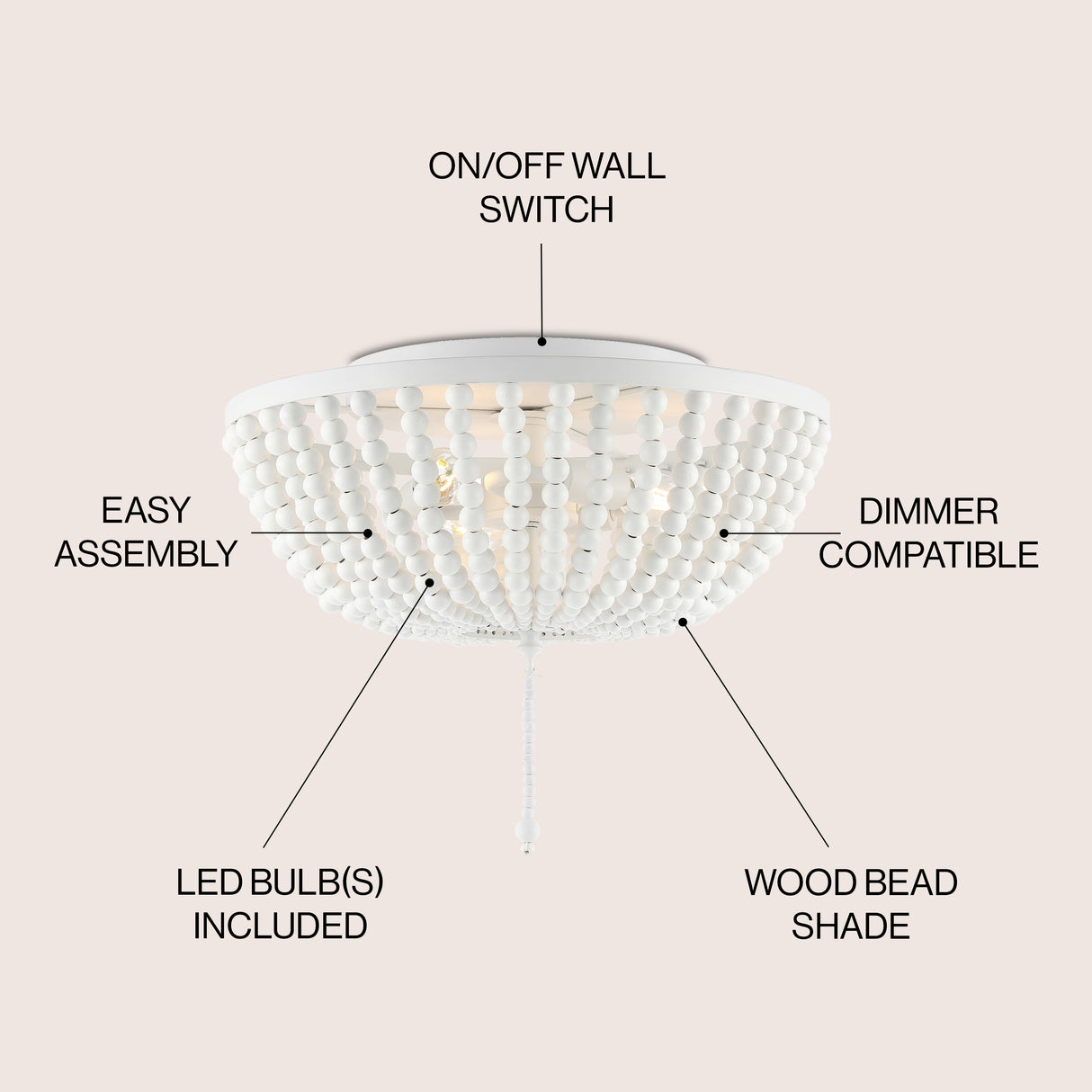Allison 3-Light Shabby Chic Farmhouse Wood Beaded/Metal LED Flush Mount