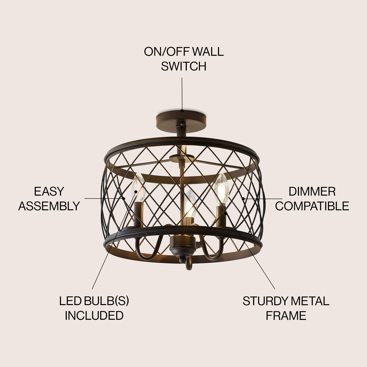 Eleanor 3-Light Metal LED Semi Flush Mount Ceiling Light