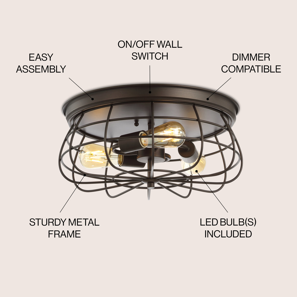 Calvia 3-Light Farmhouse Metal Cage Flush Mount