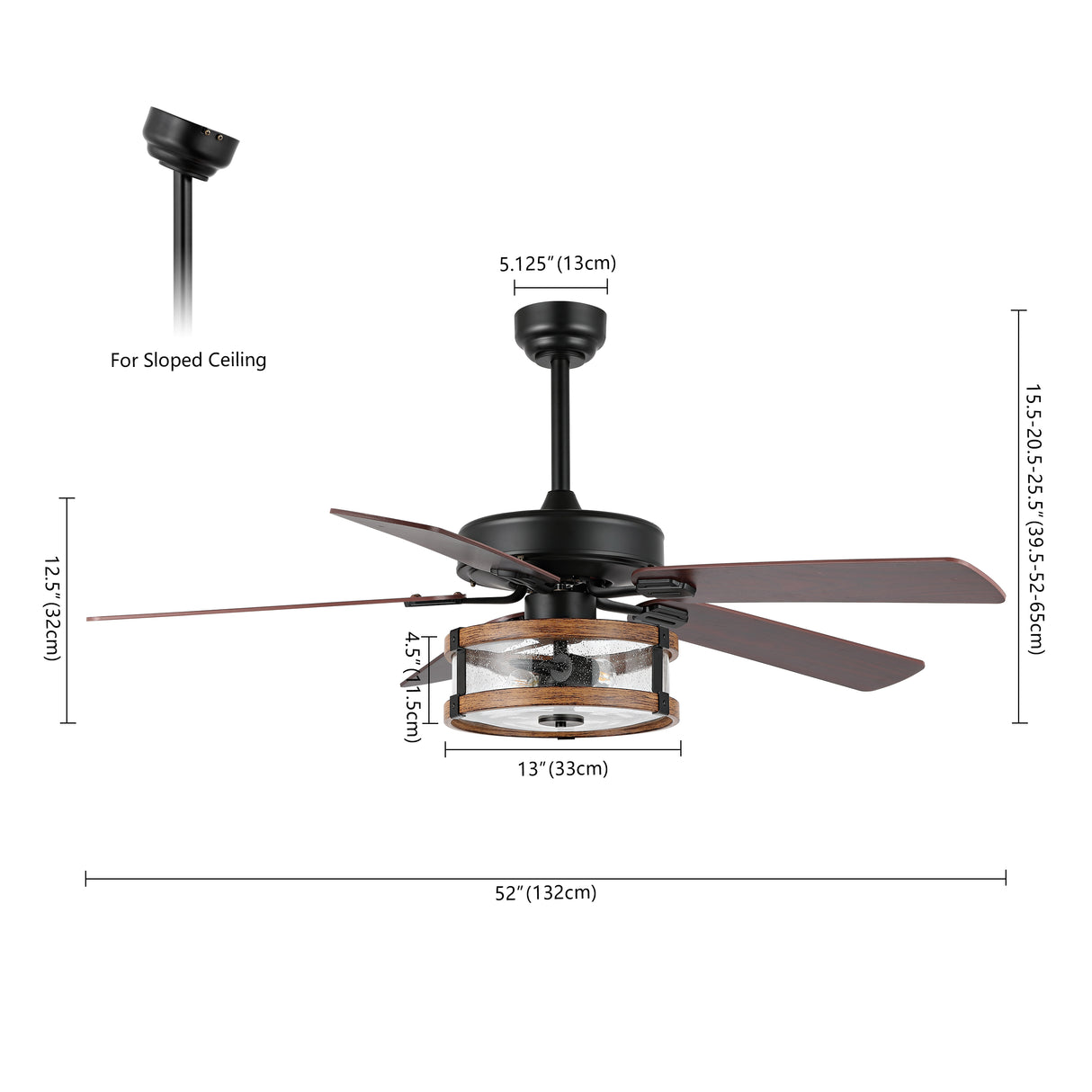 Joanna 2-Light Rustic Industrial Iron/Wood/Seeded Glass Mobile-App/Remote-Controlled LED Ceiling Fan