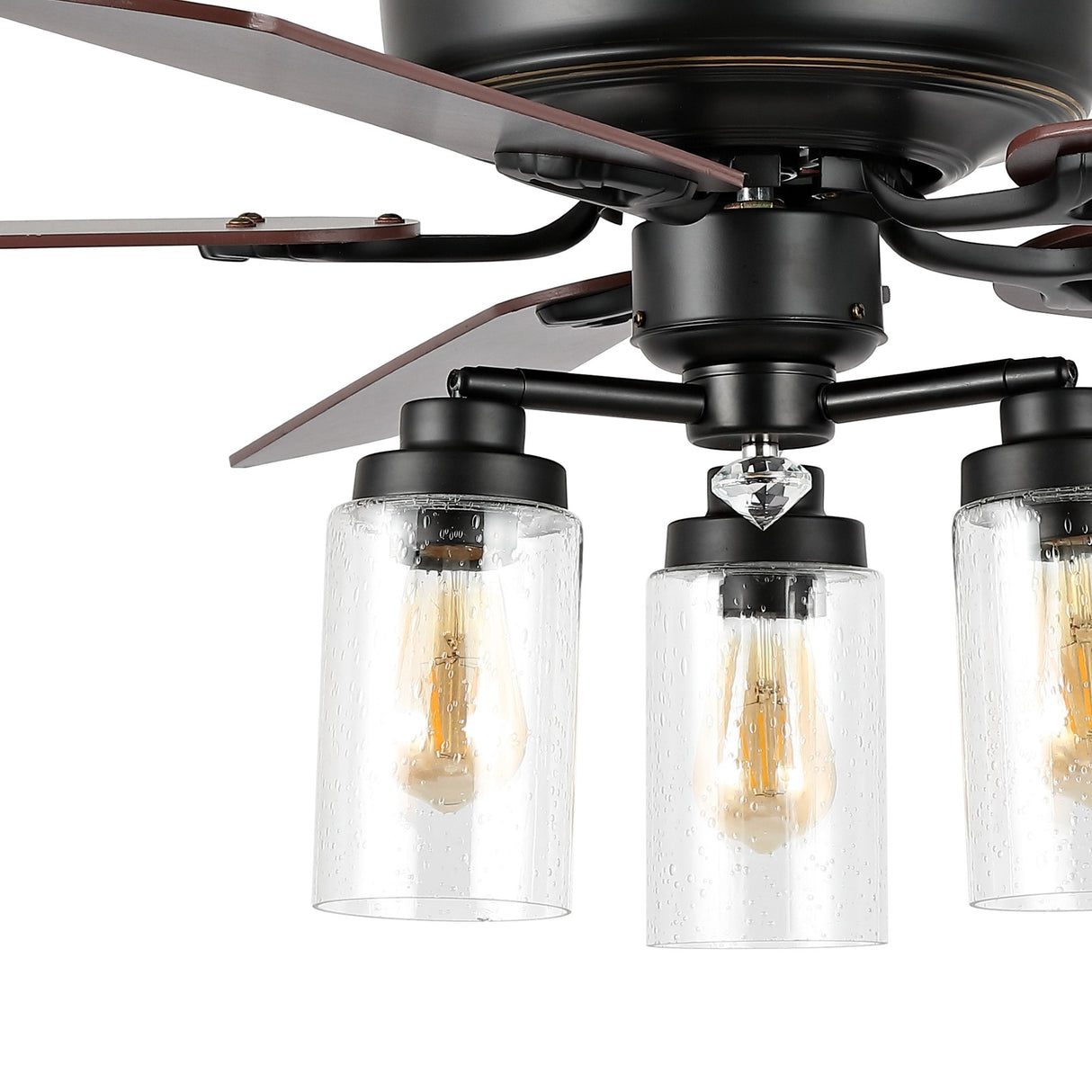 Lucas 3-Light Rustic Industrial Iron/Wood/Seeded Glass Mobile-App/Remote-Controlled LED Ceiling Fan