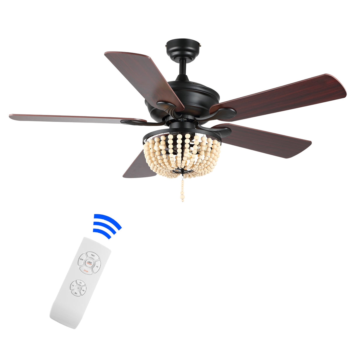 Erin 3-Light Rustic Farmhouse Iron/Wood Bead Mobile-App/Remote-Controlled LED Ceiling Fan