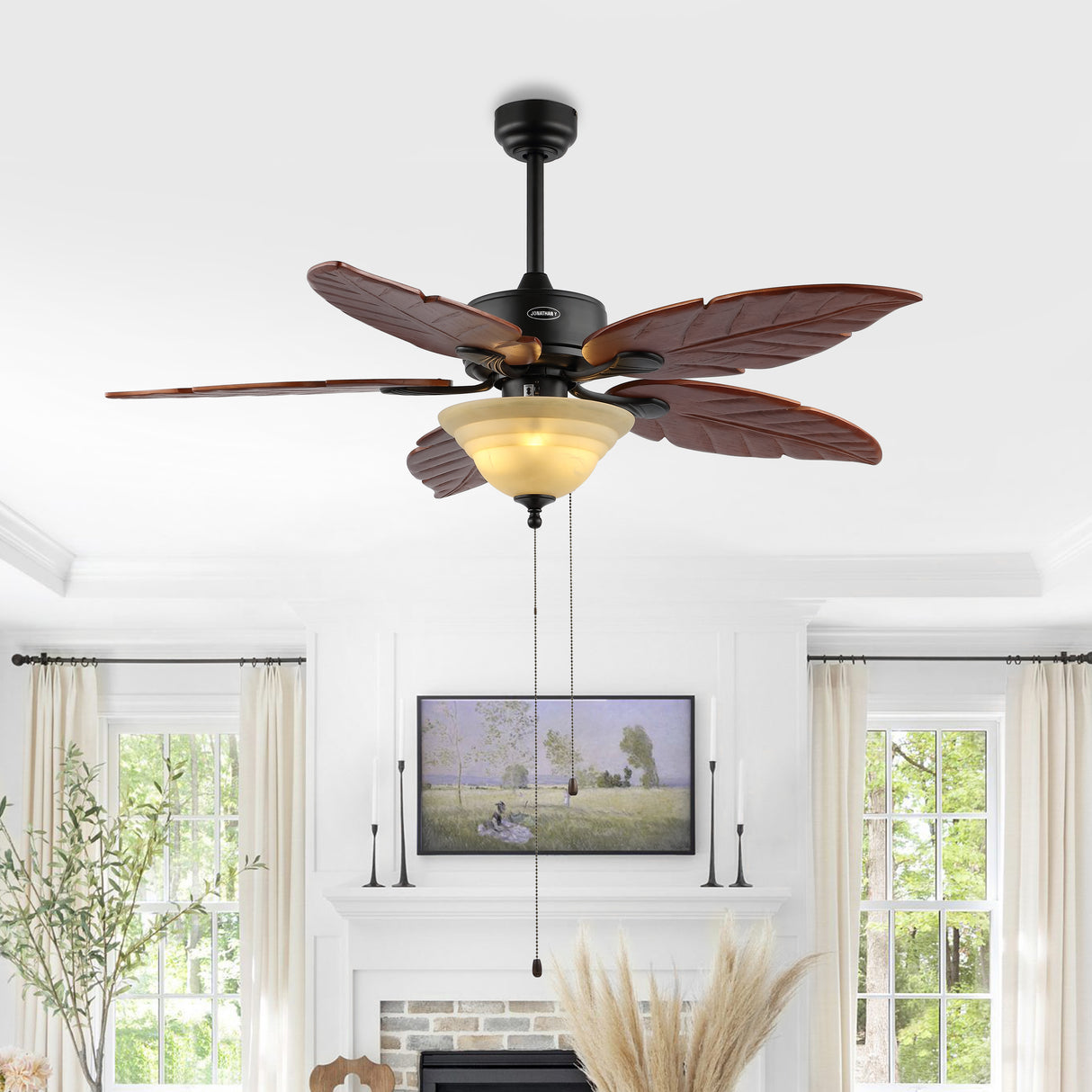 Poinciana 3-Light Coastal Bohemian Iron/Wood Palm Leaf LED Ceiling Fan with Pull Chain
