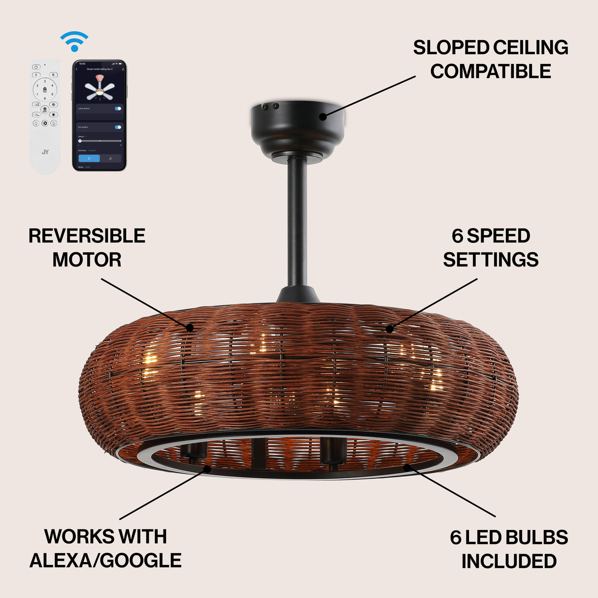 Cassidy 6-Light LED Metal Rattan Ceiling Fan with Remote
