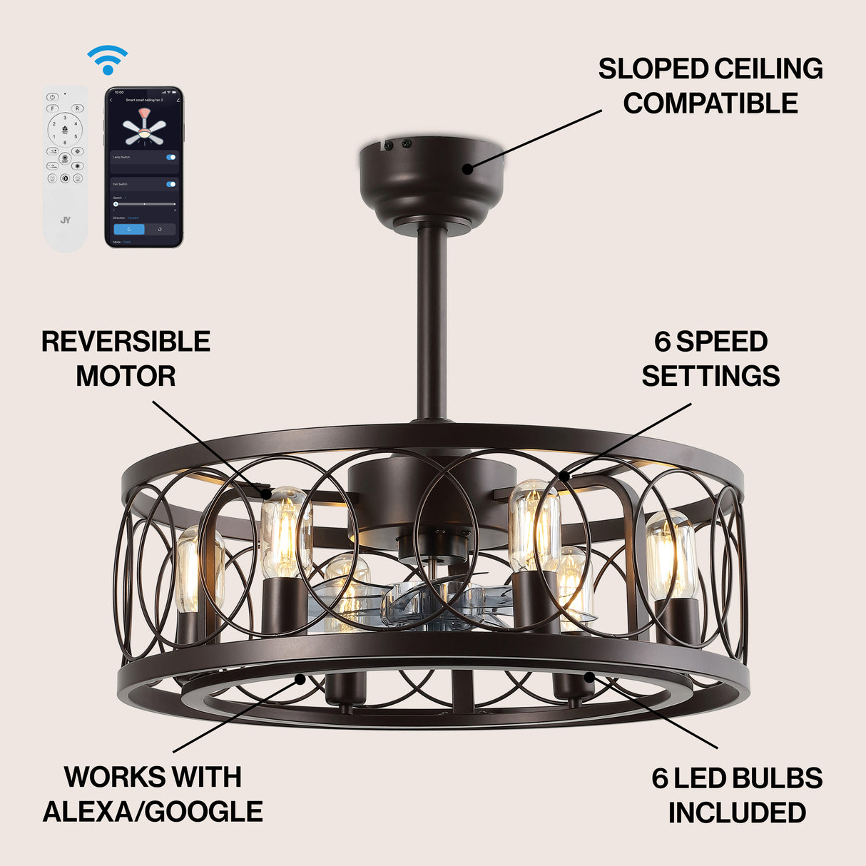 Celeste 6-Light Industrial LED Ceiling Fan with Metal Frame and Remote Control