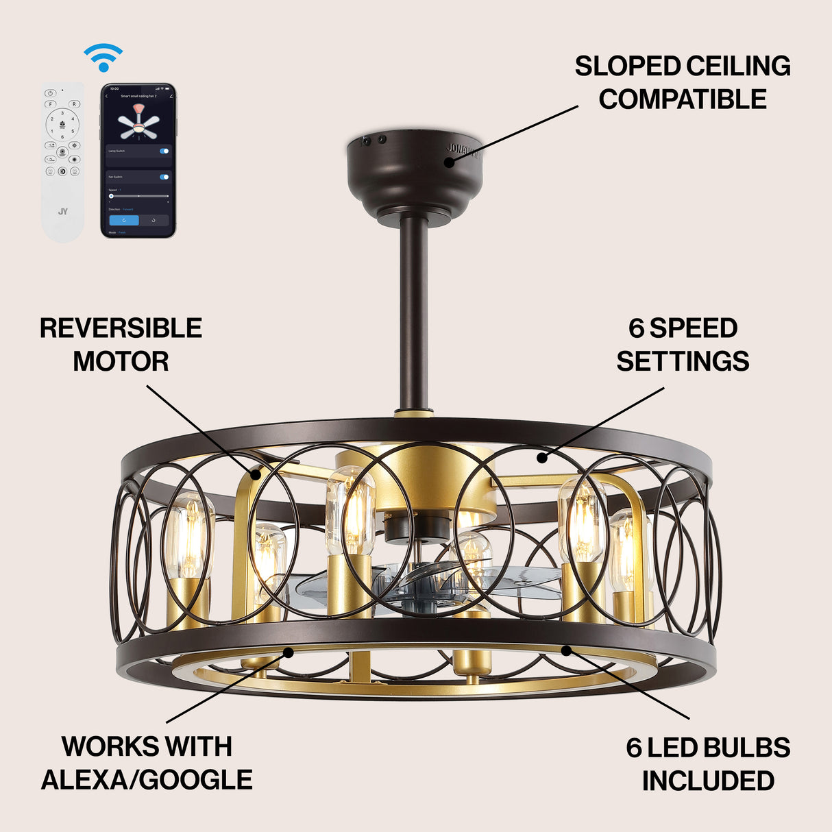 Celeste 6-Light Industrial LED Ceiling Fan with Metal Frame and Remote Control