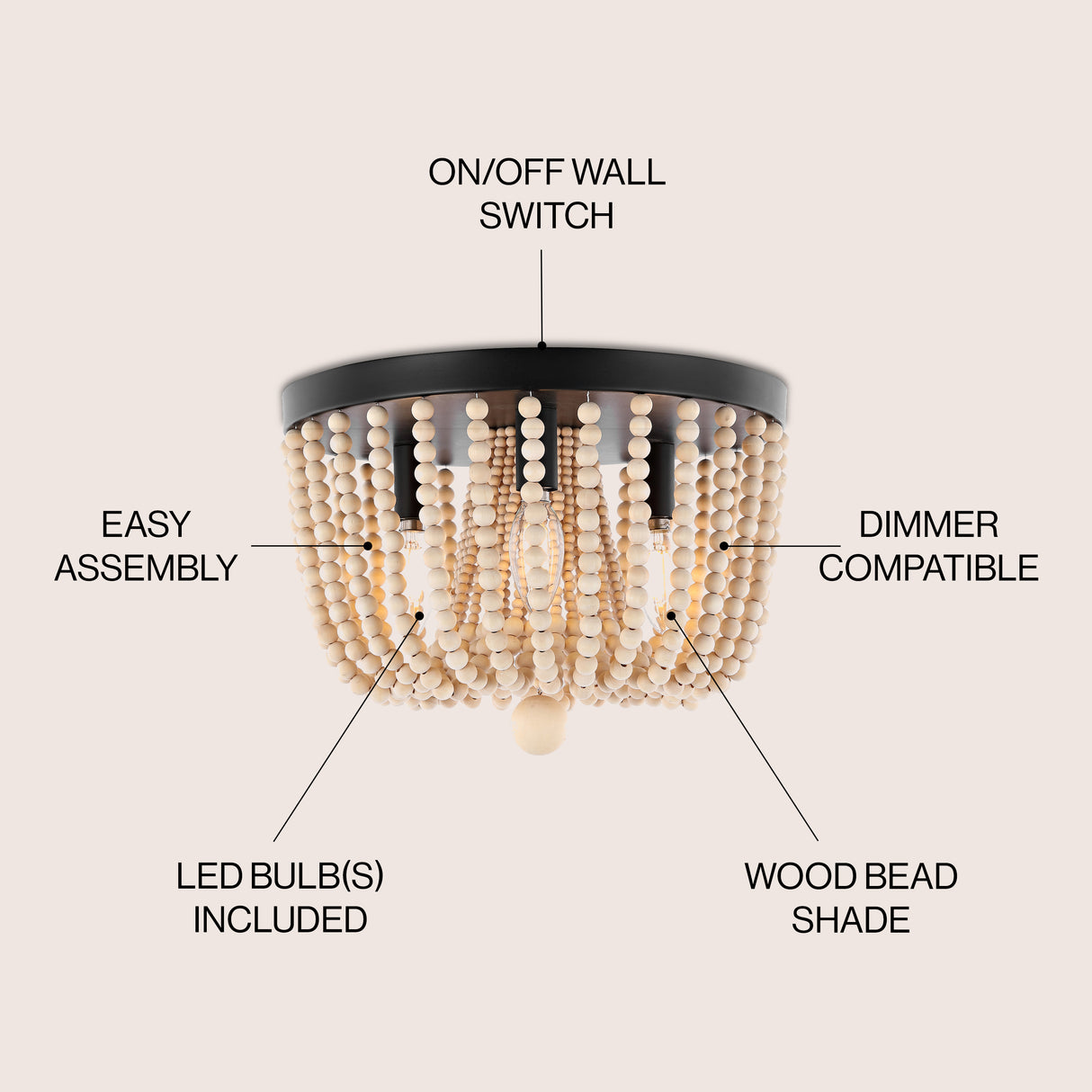 Eivissa 3-Light Coastal Farmhouse Iron/Wood Bead LED Flush Mount