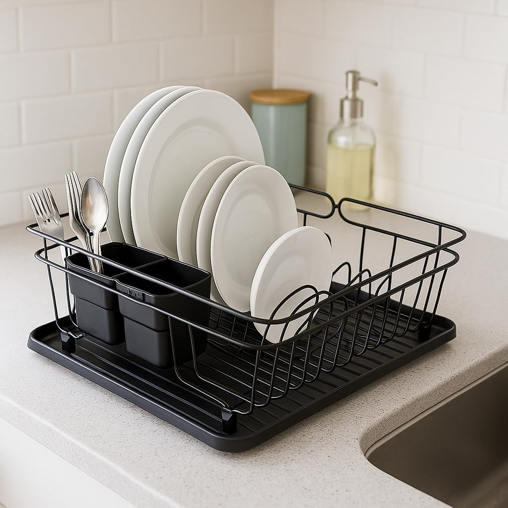 3-in-1 Dish Drying Rack, Countertop or Over Sink Design, Removable Utensil Holder, Non-Slip Feet