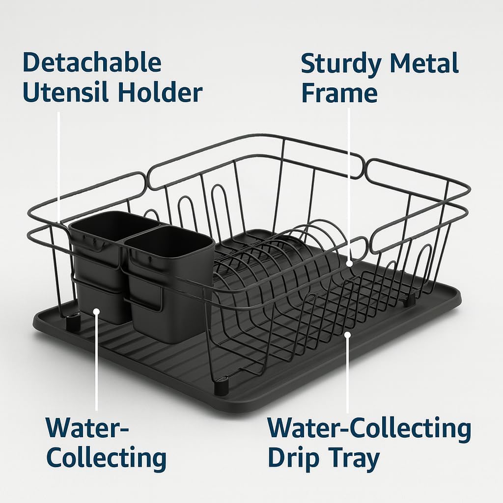 3-in-1 Dish Drying Rack, Countertop or Over Sink Design, Removable Utensil Holder, Non-Slip Feet