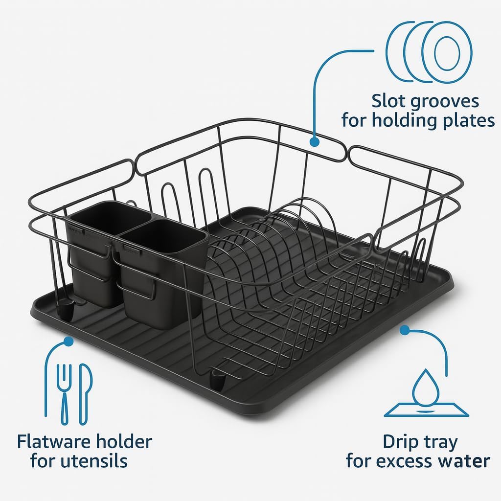 3-in-1 Dish Drying Rack, Countertop or Over Sink Design, Removable Utensil Holder, Non-Slip Feet