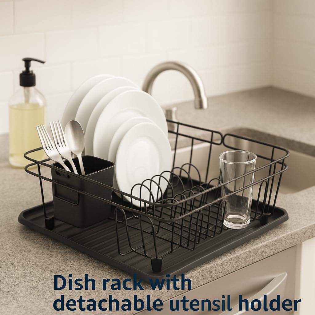 3-in-1 Dish Drying Rack, Countertop or Over Sink Design, Removable Utensil Holder, Non-Slip Feet