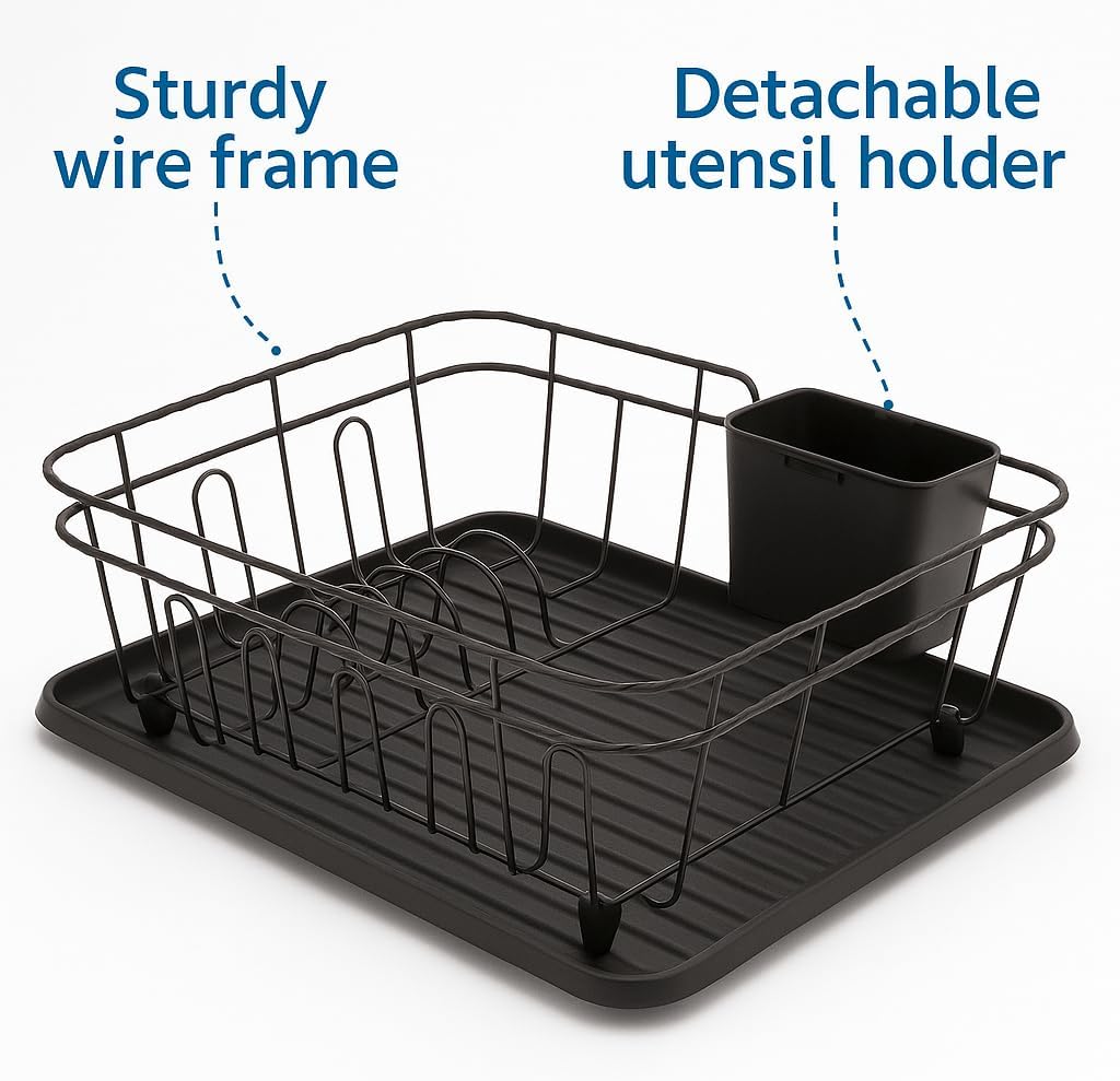 3-in-1 Dish Drying Rack, Countertop or Over Sink Design, Removable Utensil Holder, Non-Slip Feet