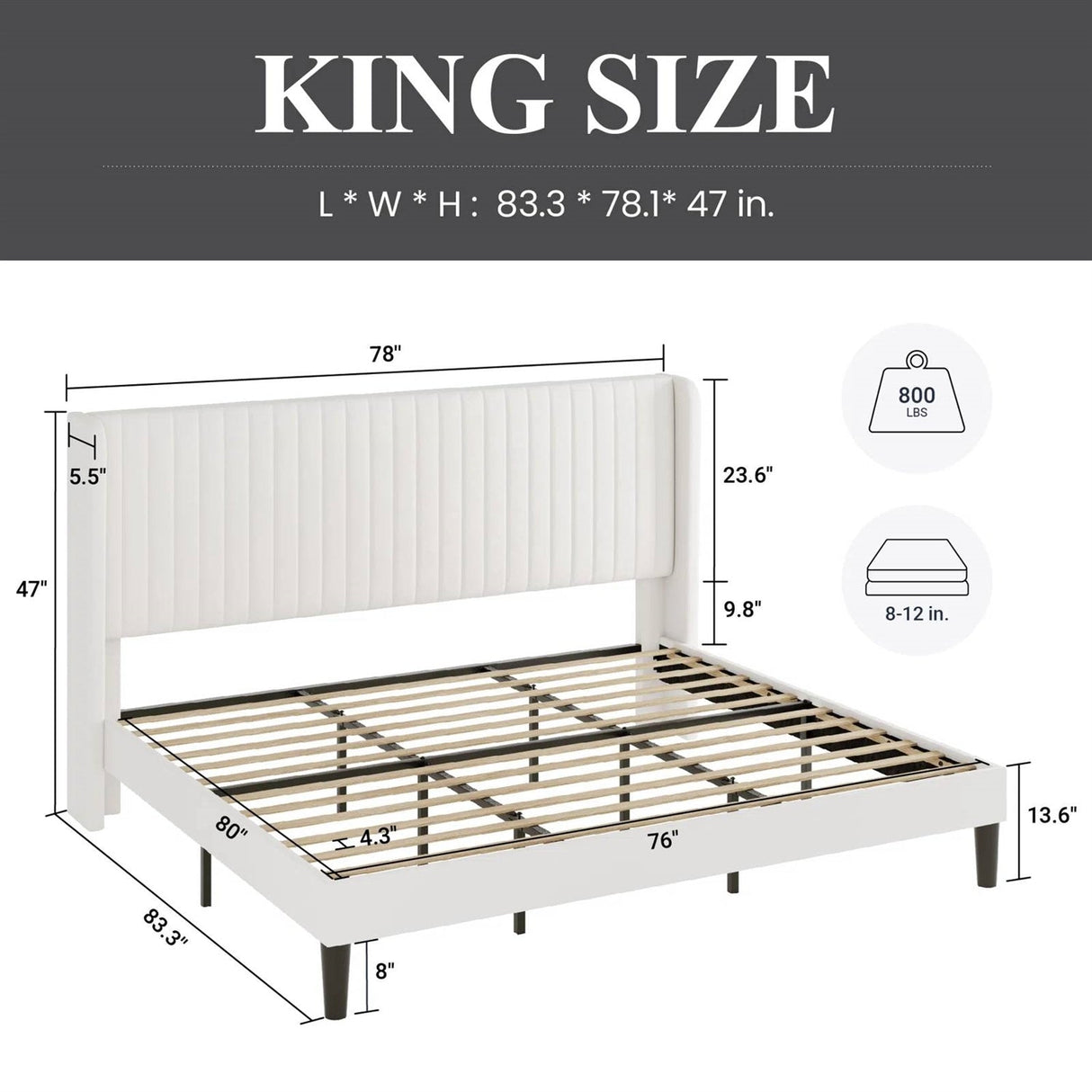 King size White Velvet Upholstered Platform Bed Frame with Wingback Headboard