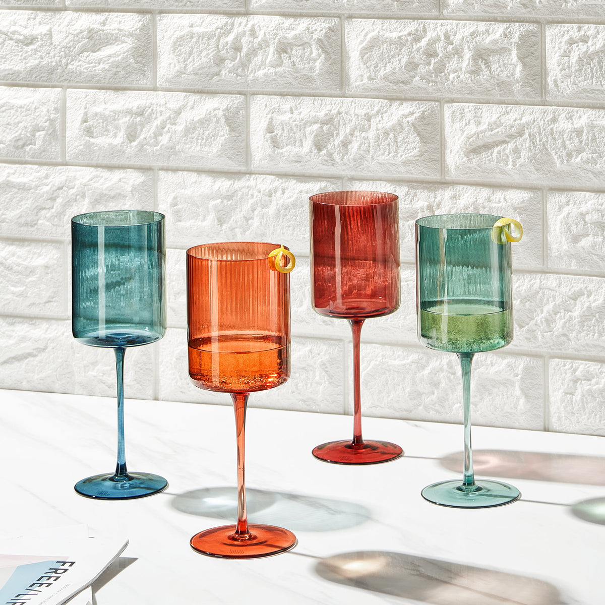 Tonal Ribbed Stemmed Wine Glassware, Set of 4