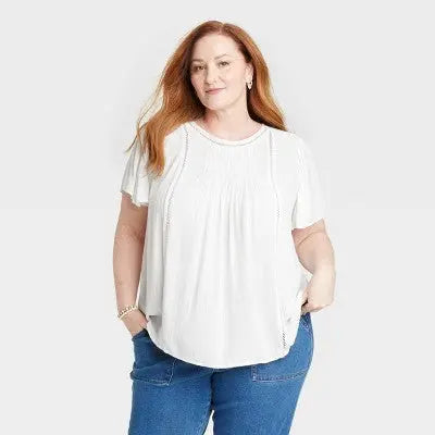 Knox Rose Women's Plus Round Neck Eyelet Embroidered Top Flutter Slit Keyhole