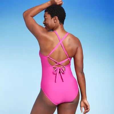 Kona Sol Women's V Neck One Piece Swimsuit Shell Stitch Medium Coverage