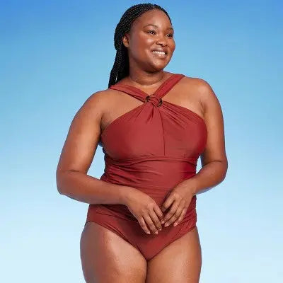Kona Sol Women's Ruched One Piece Swimsuit Ring Crossover Full Coverage