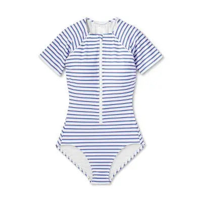 Kona Sol Striped Rash Guard Swimsuit - UPF 50+ Full Coverage & Front Zipper