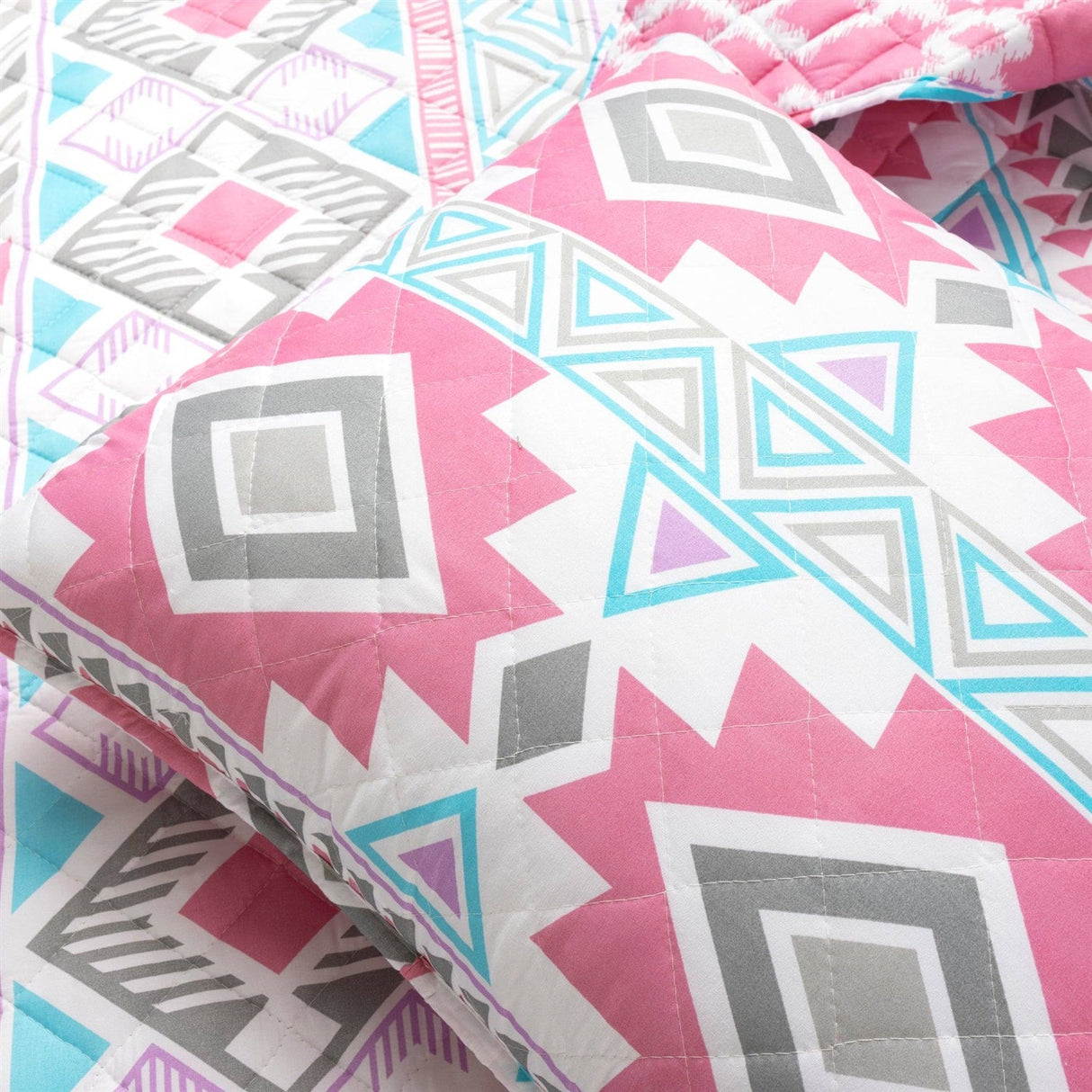 Twin Southwest Indian Style Polyester Pink Blue Striped Reversible Quilt Set