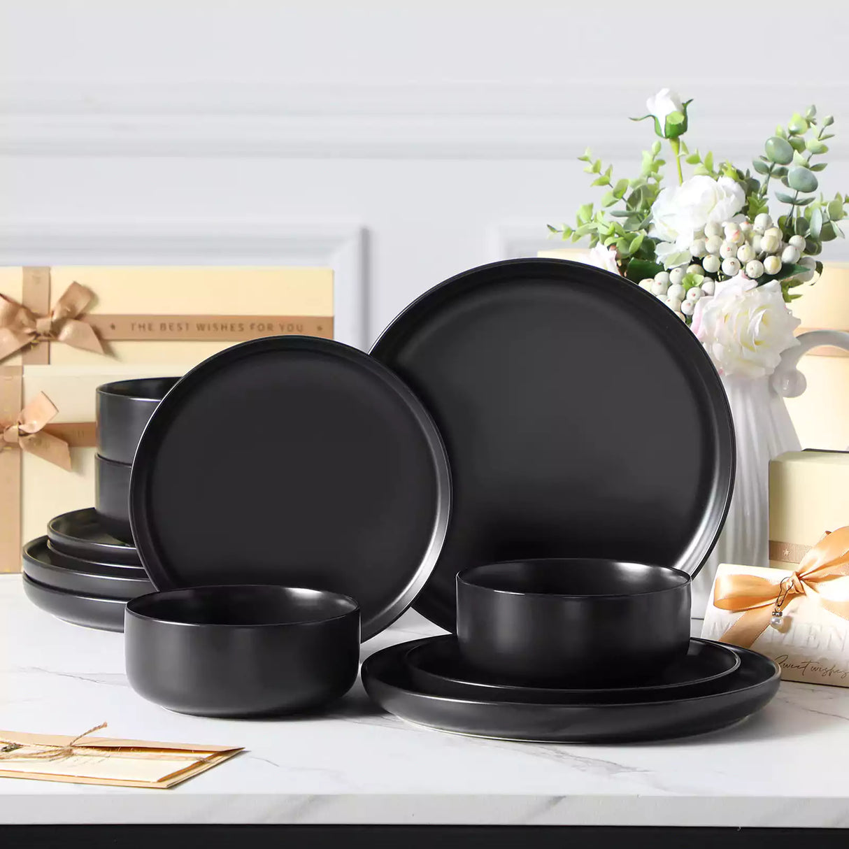 Luna Matte Black 12 Piece Dinnerware Set