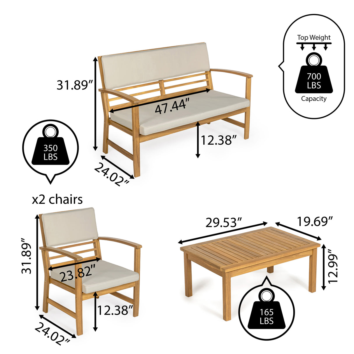 Barclay 4-Piece Modern Coastal Acacia Wood Conversation Outdoor Patio Set with Cushions