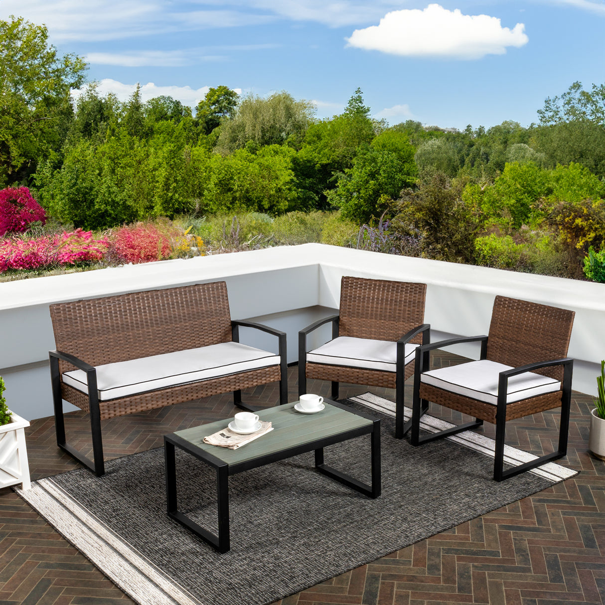 Elina 4-Piece Modern Coastal Faux Wicker Conversation Outdoor Patio Set
