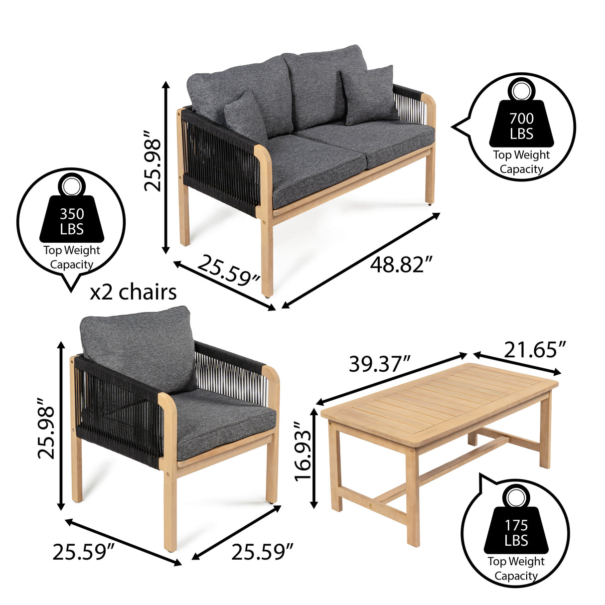 Tavira 4-Piece Modern Bohemian Acacia Wood Outdoor Patio Set with Cushions and Plain Decorative Pillows