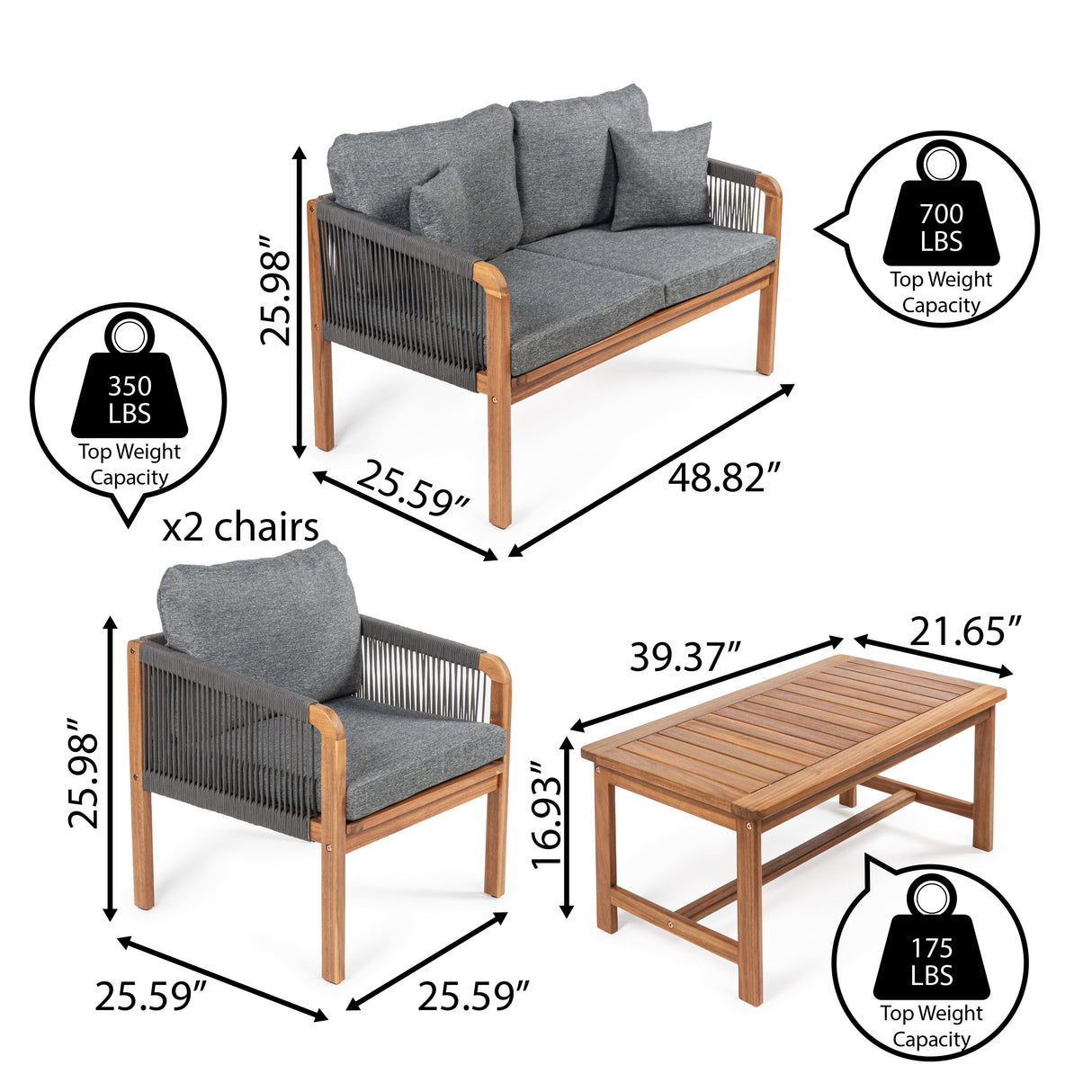 Tavira 4-Piece Modern Bohemian Acacia Wood Outdoor Patio Set with Cushions and Plain Decorative Pillows