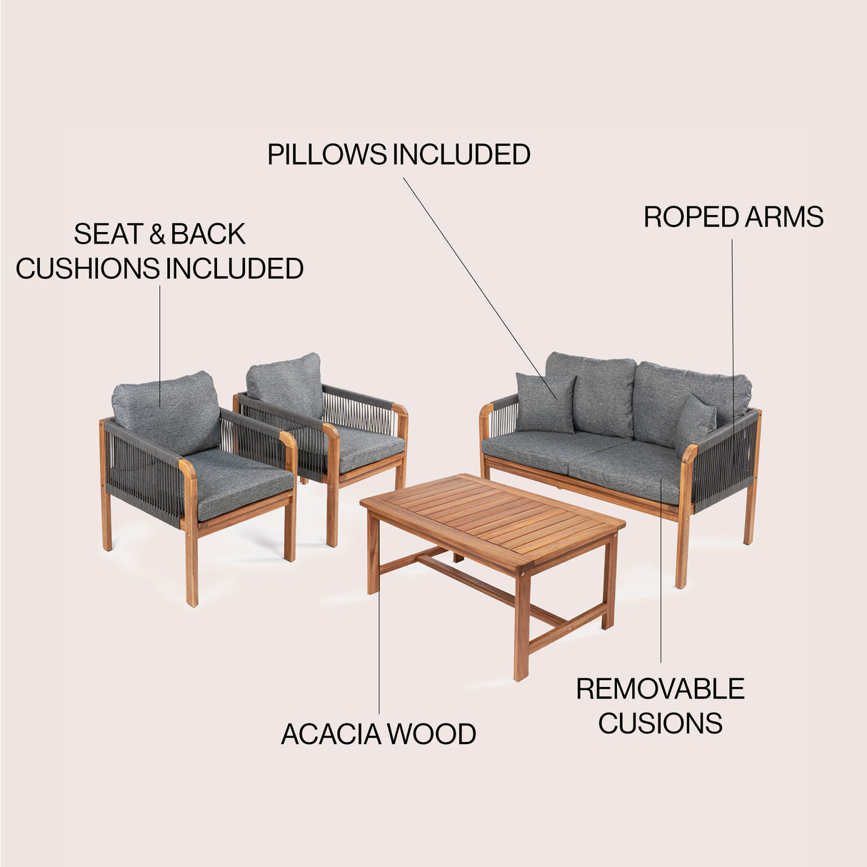 Tavira 4-Piece Modern Bohemian Acacia Wood Outdoor Patio Set with Cushions and Plain Decorative Pillows