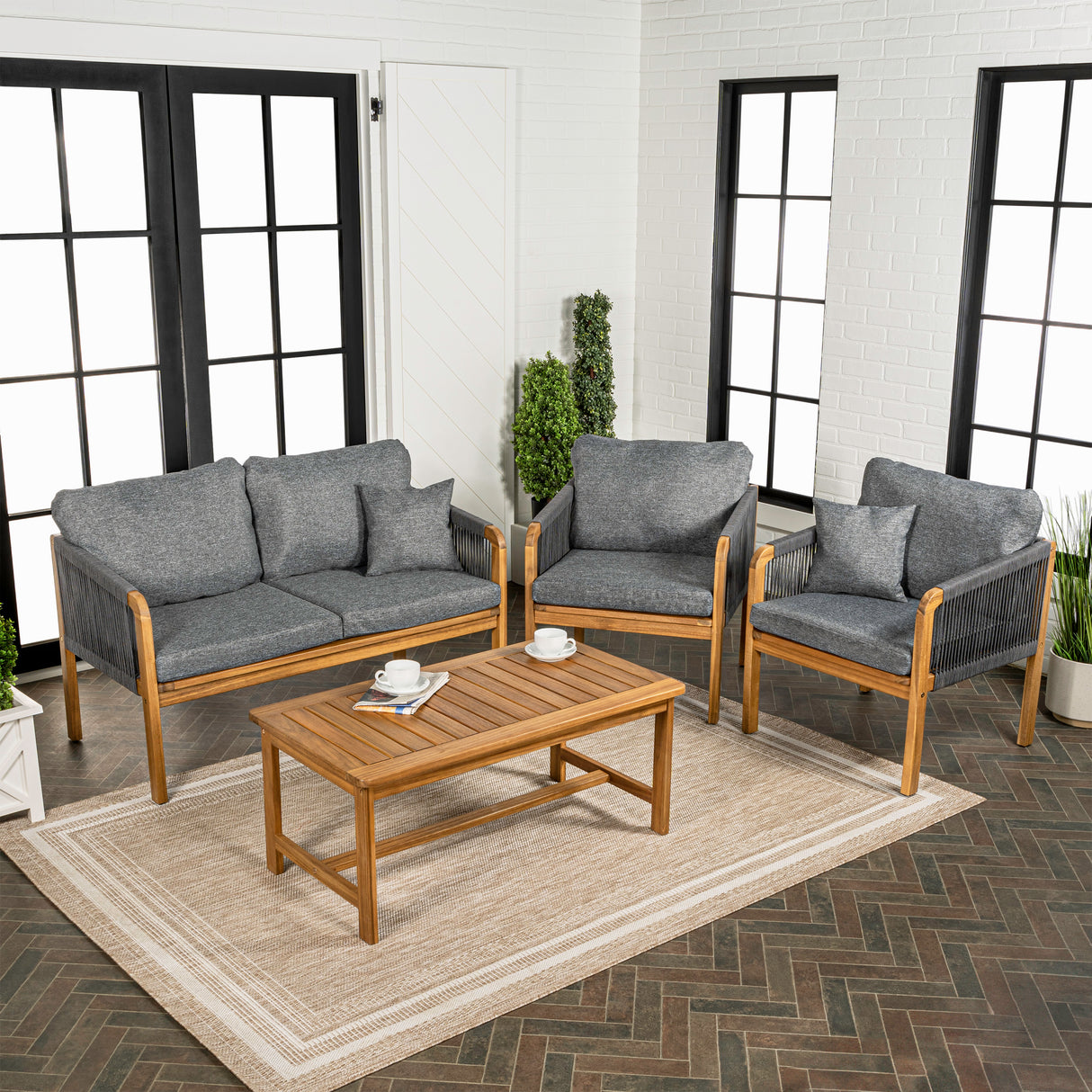 Tavira 4-Piece Modern Bohemian Acacia Wood Outdoor Patio Set with Cushions and Plain Decorative Pillows