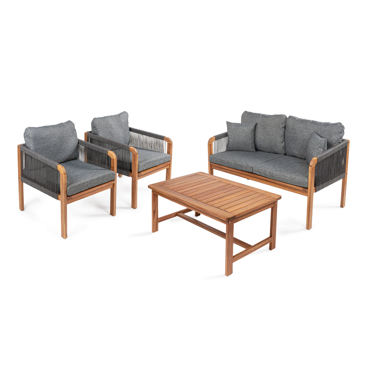Tavira 4-Piece Modern Bohemian Acacia Wood Outdoor Patio Set with Cushions and Plain Decorative Pillows