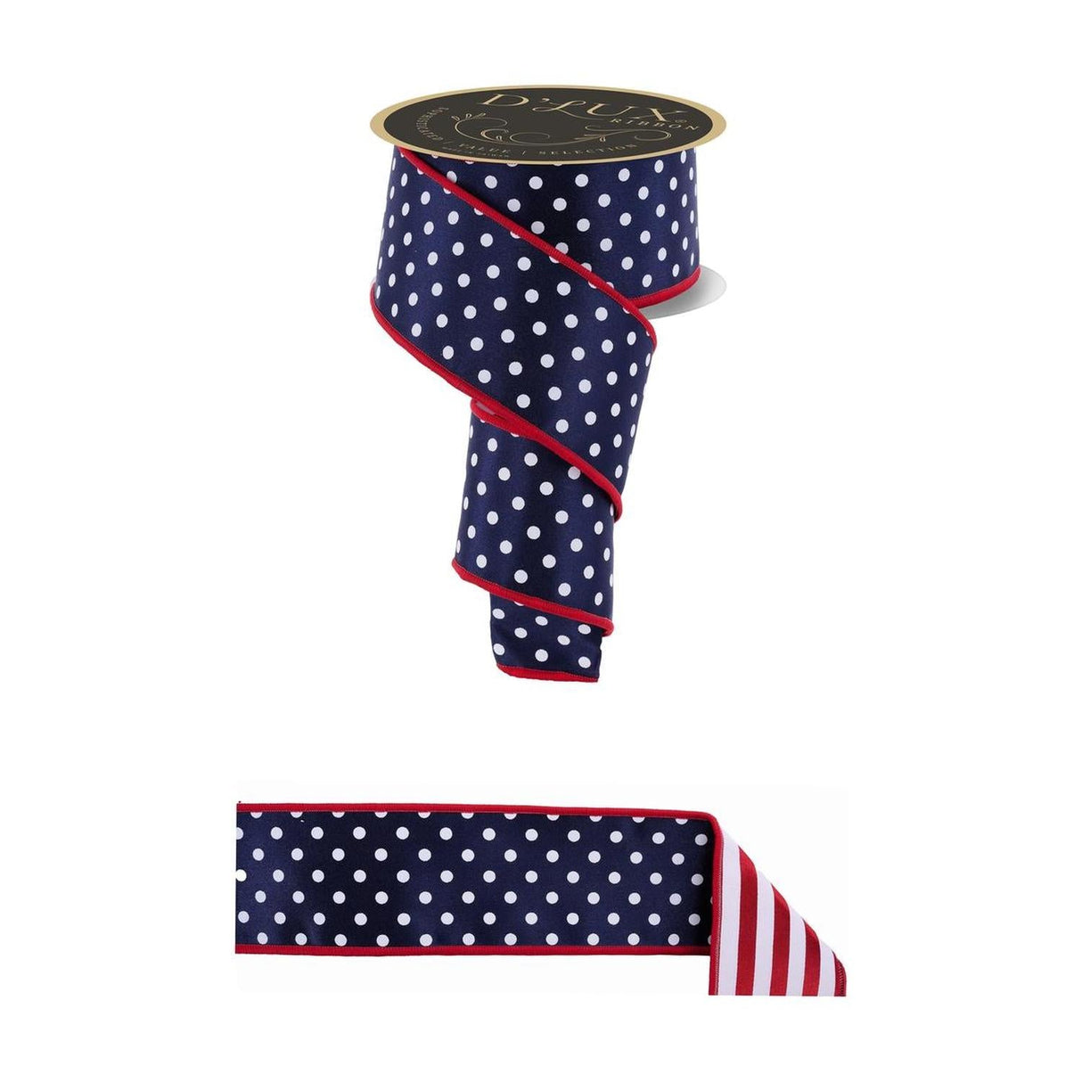 2.5" Polka Dot Striped Fused Ribbon: Navy/White/Red
