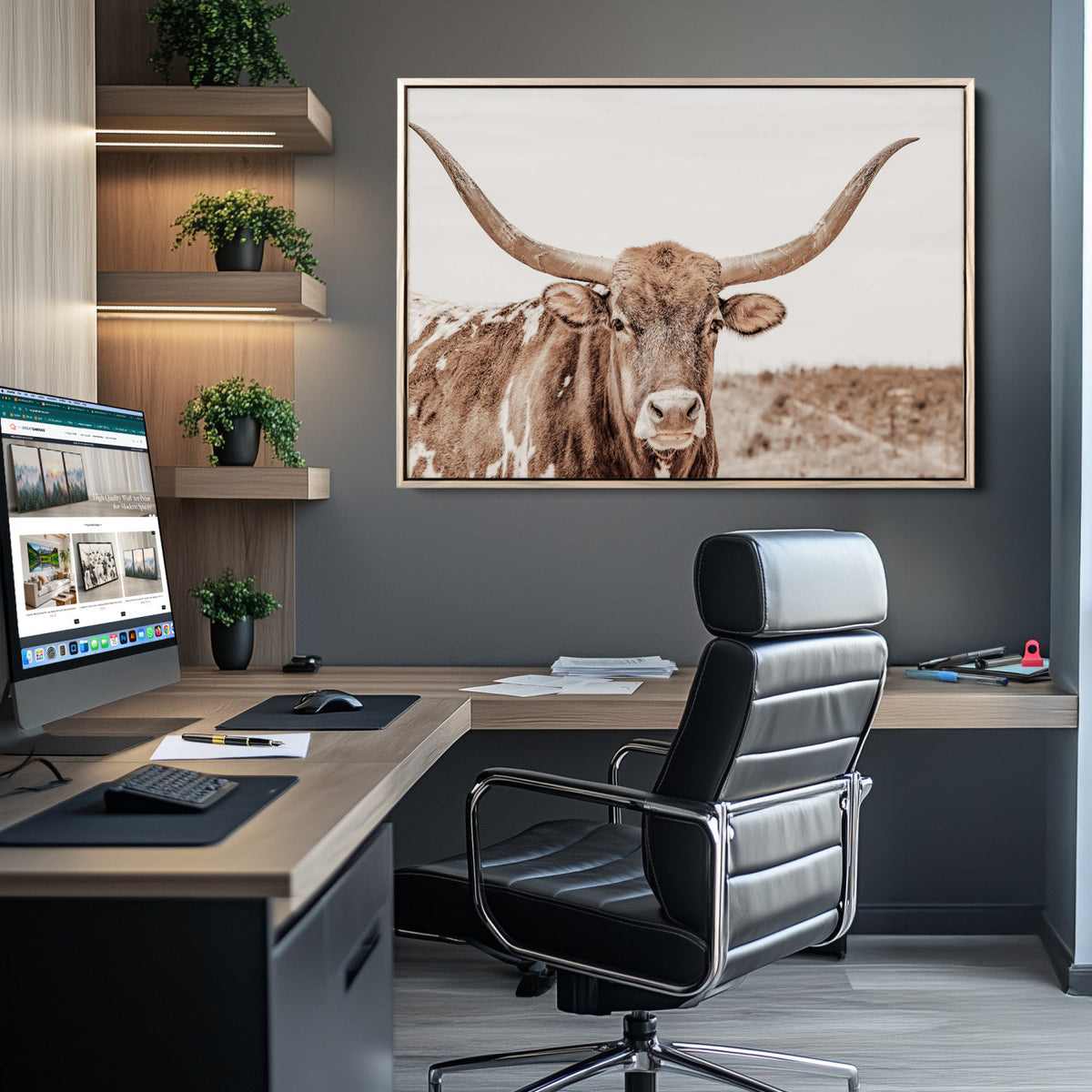 Longhorn Bull Wall Art Canvas Print – Framed Rustic Cow