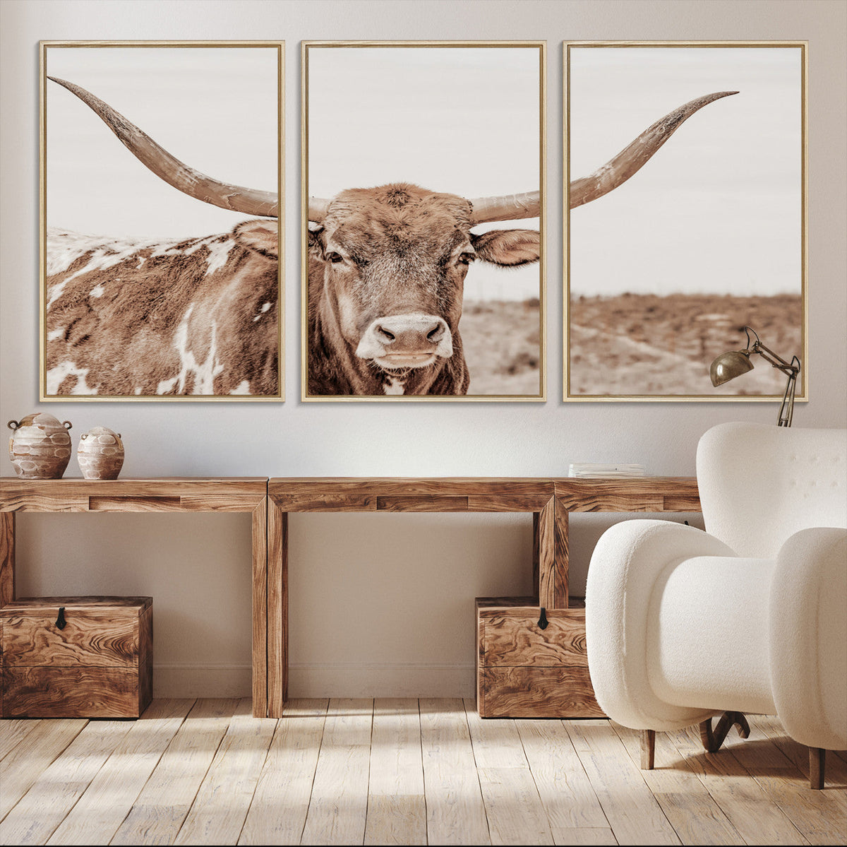 Longhorn Bull Wall Art Canvas Print – Framed Rustic Cow