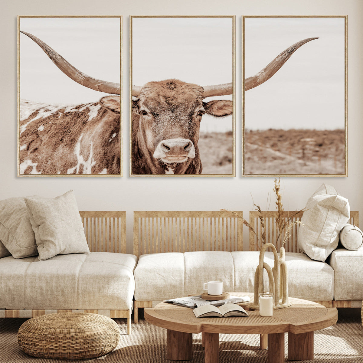 Longhorn Bull Wall Art Canvas Print – Framed Rustic Cow