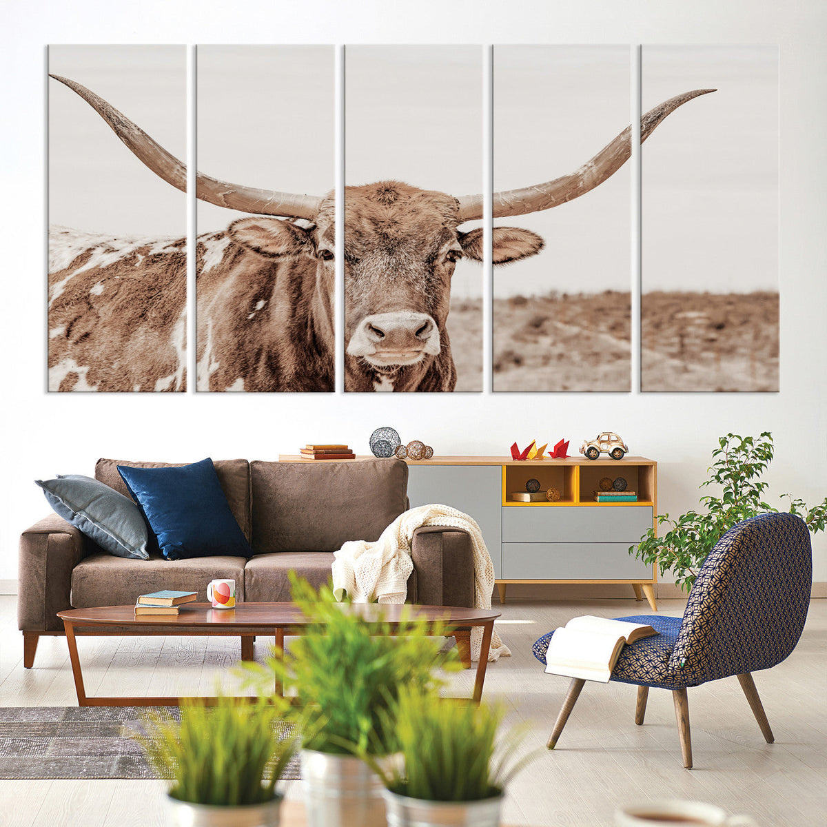 Longhorn Bull Wall Art Canvas Print – Framed Rustic Cow