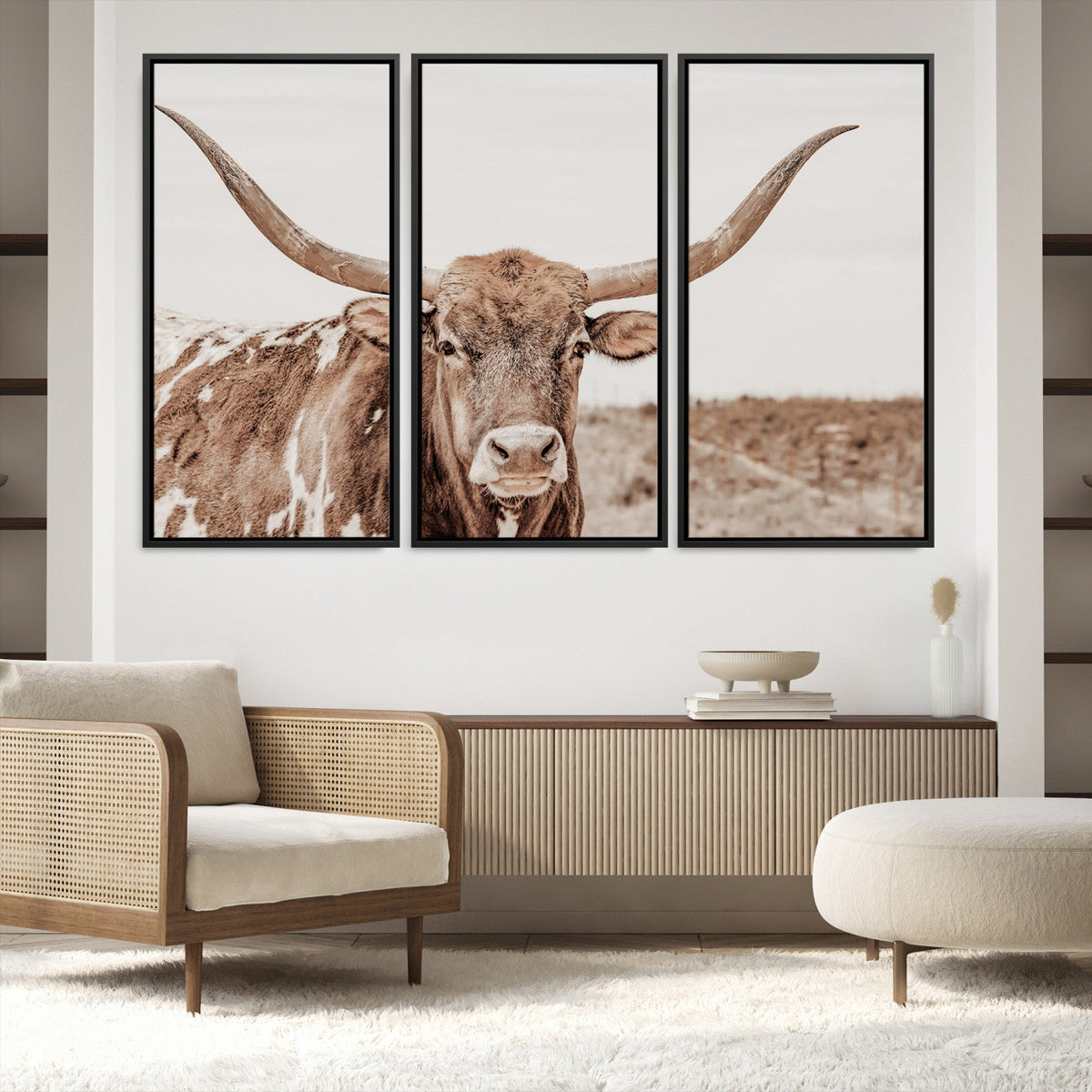 Longhorn Bull Wall Art Canvas Print – Framed Rustic Cow
