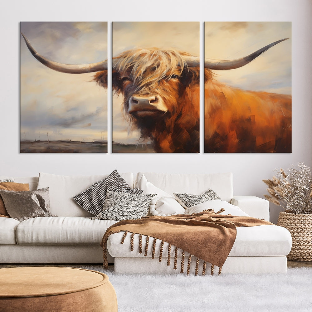 Longhorn Highland Cow Canvas Wall Art Print – Rustic