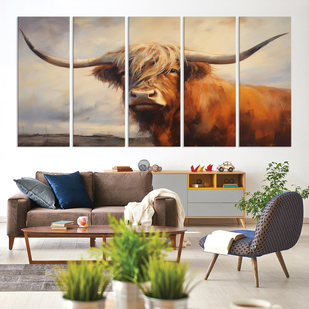 Longhorn Highland Cow Canvas Wall Art Print – Rustic