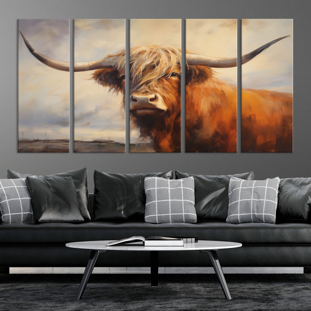 Longhorn Highland Cow Canvas Wall Art Print – Rustic