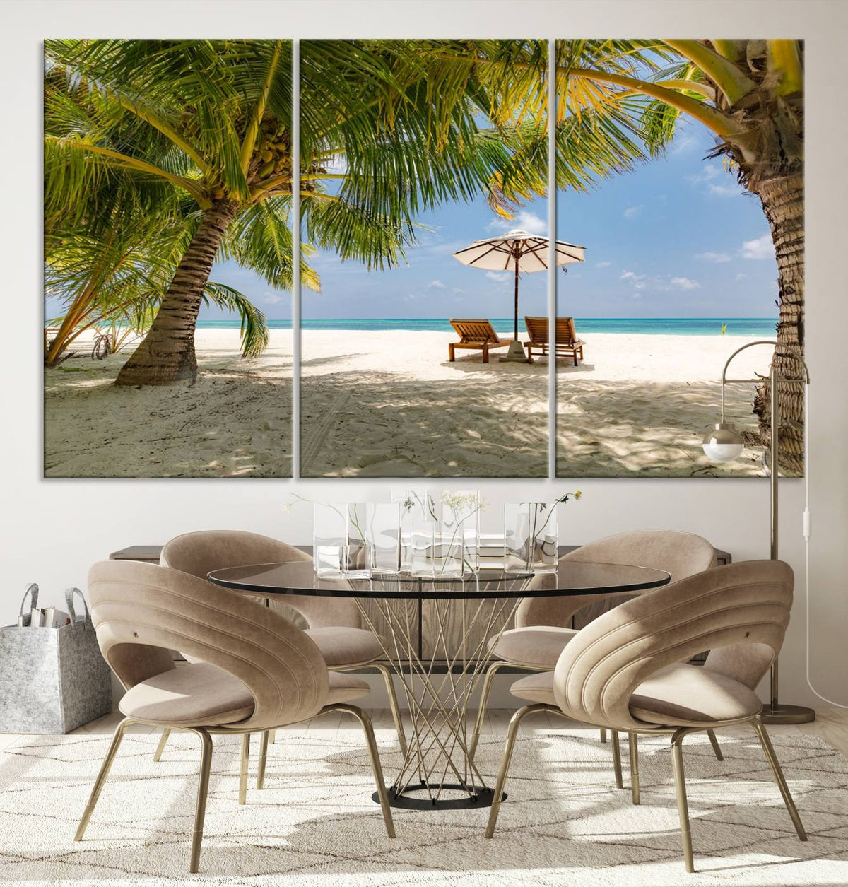 Lounge Chairs Palm Trees on Tropical Beach Canvas Wall Art