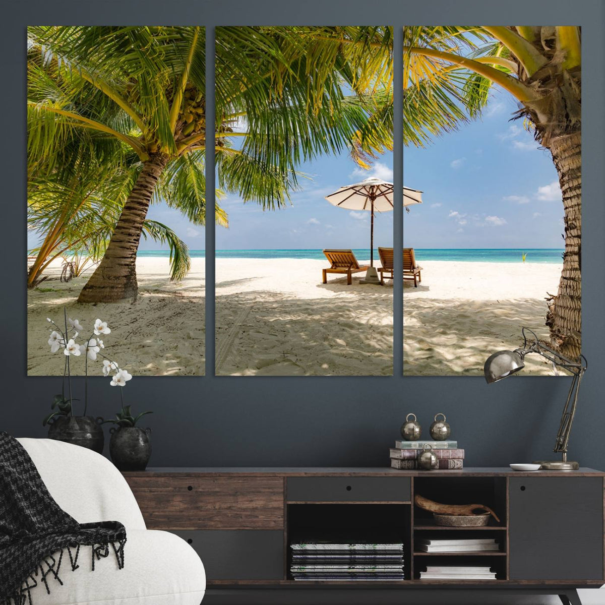 Lounge Chairs Palm Trees on Tropical Beach Canvas Wall Art