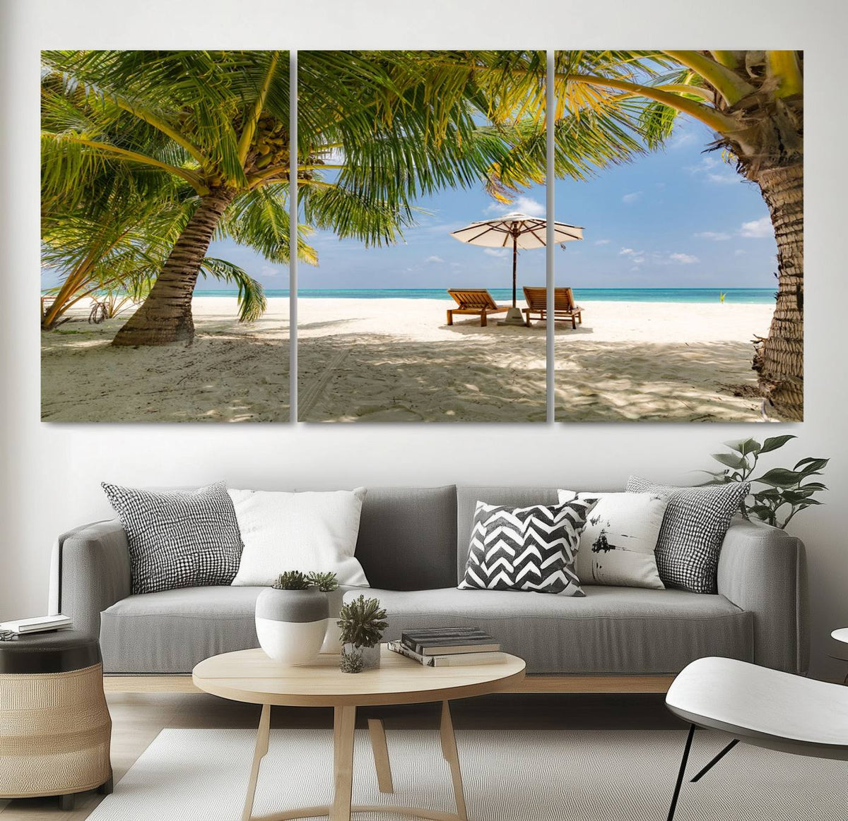 Lounge Chairs Palm Trees on Tropical Beach Canvas Wall Art