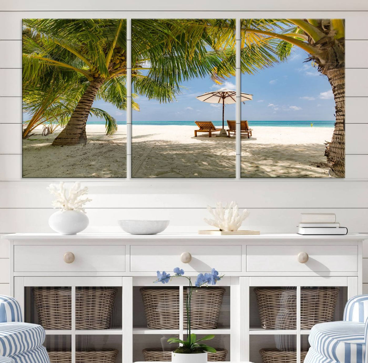 Lounge Chairs Palm Trees on Tropical Beach Canvas Wall Art