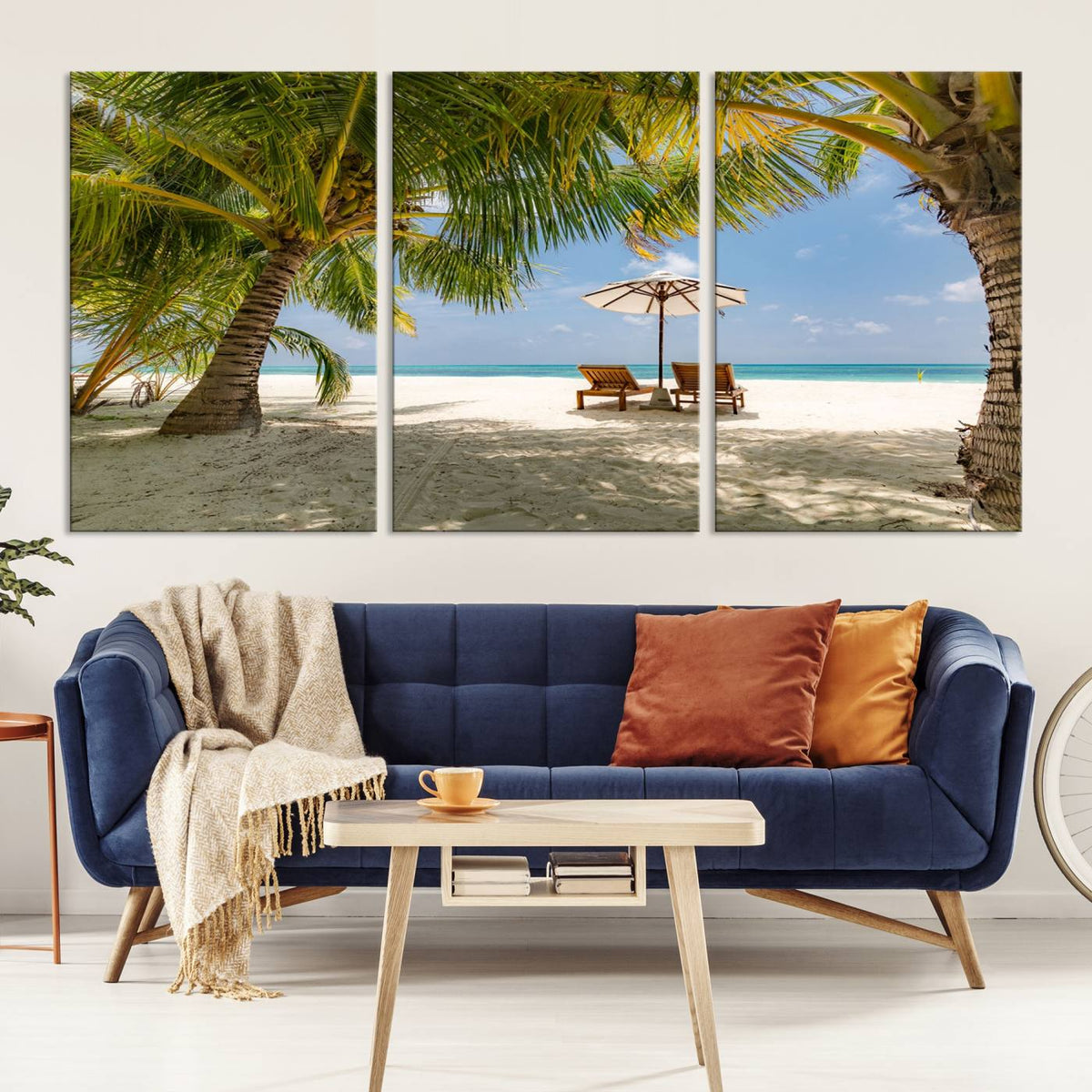 Lounge Chairs Palm Trees on Tropical Beach Canvas Wall Art