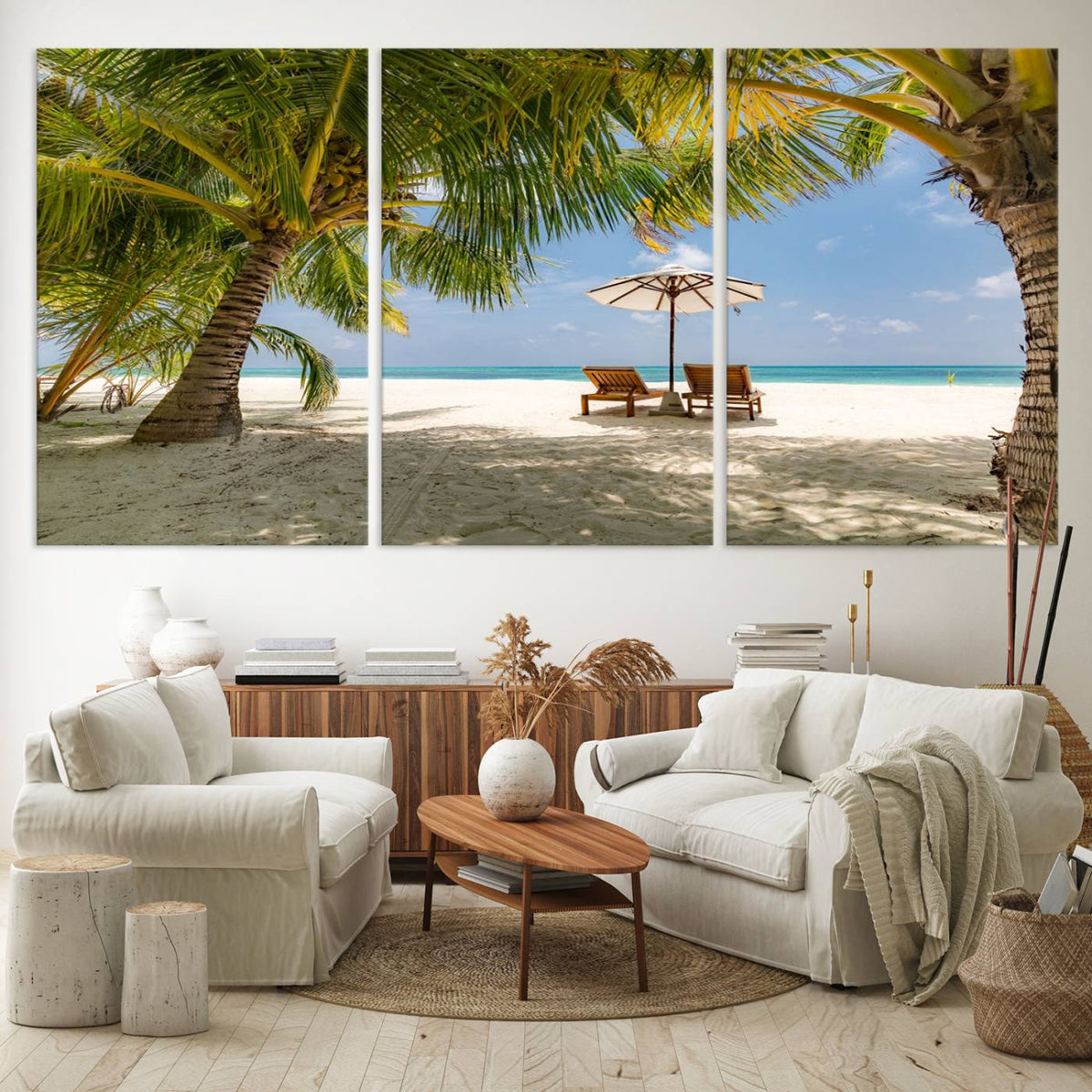 Lounge Chairs Palm Trees on Tropical Beach Canvas Wall Art