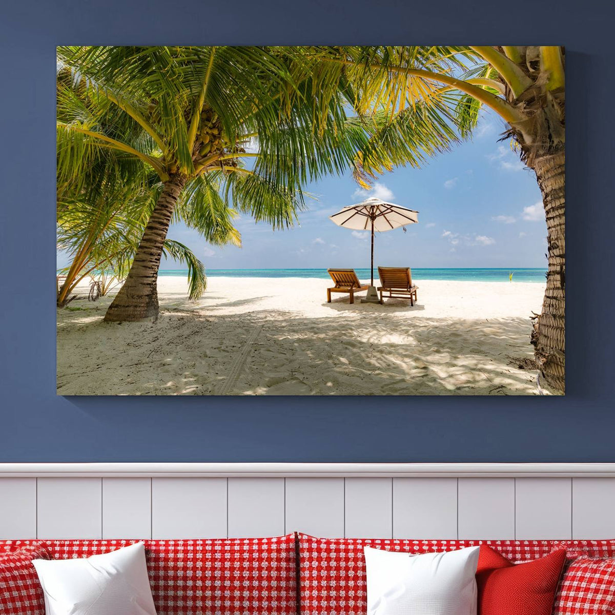 Lounge Chairs Palm Trees on Tropical Beach Canvas Wall Art