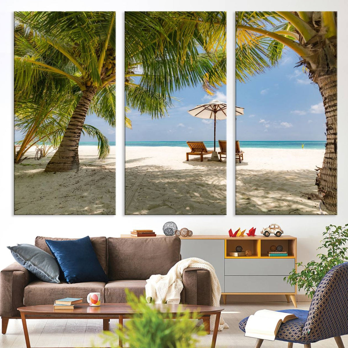 Lounge Chairs Palm Trees on Tropical Beach Canvas Wall Art