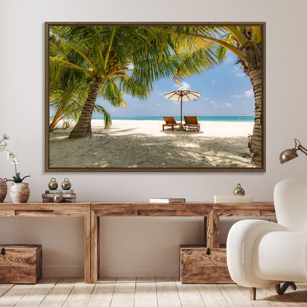 Lounge Chairs Palm Trees on Tropical Beach Canvas Wall Art
