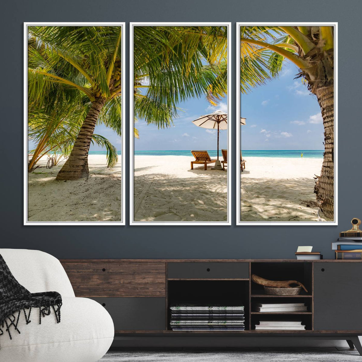 Lounge Chairs Palm Trees on Tropical Beach Canvas Wall Art